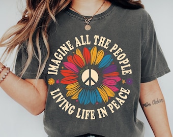 Imagine Peace TShirt, "Imagine All the People Living Life in Peace", Floral Daisy Peace Sign Tee, Hippie Boho Graphic Shirt, Comfort Colors®