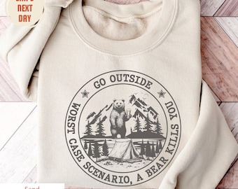 Worst Case Scenario Sweatshirt, Mountain Themed T Shirt, Hiking Shirts, Outdoor Shirts, Wilderness Graphic T-shirts, Beige Brown Sweatshirts