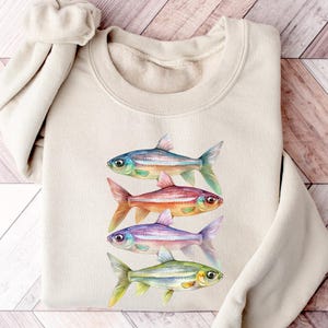 Abstract Colorful Trout In A Row Sweatshirt, River Fish Trout Species Outfit, Boho Unisex Crewneck Sweatshirt, Fly Fishing Gift, Trout Shirt