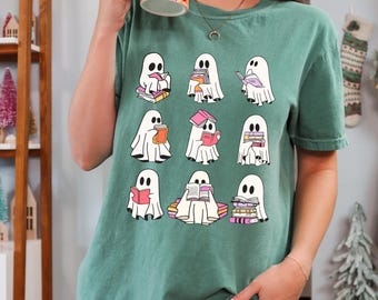 Comfort Colors® Ghost Reading Books Shirt, Bookish Halloween Shirt, Teacher Librarian Halloween Gift, Halloween School, Halloween Book Lover
