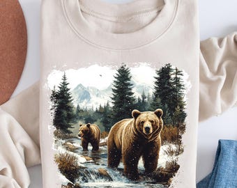 Retro Grizzly Bears Wilderness Scene Sweatshirt, Nineties 90s Vintage Brown Bear Outfits, Boho Unisex Crewneck Sweatshirts, Camping Sweaters