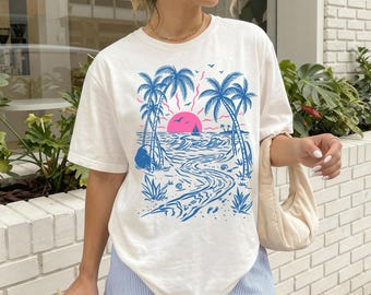 Sunset Beach Shirt, Tropical Palm Tree T Shirt, Ocean Sunset Shirt, Summer Vacation Shirts, Comfort Color®, Summer Tee, Costal Ocean T-shirt