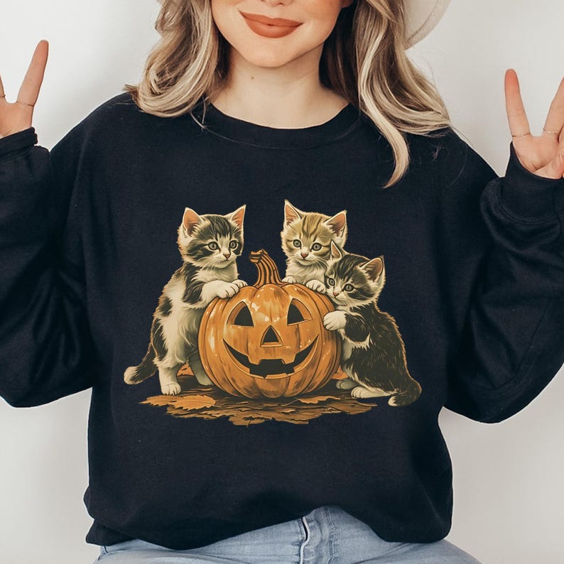 Vintage 90s Cat Halloween Sweatshirt, Retro Halloween Shirt, Spooky Season Tee, Pumpkin Shirts, Cat Lover T-shirts, Spooky Season, Black Cat image 5
