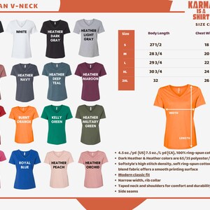 The image is a size chart for a woman's v-neck t-shirt, showing various color options and corresponding measurements.