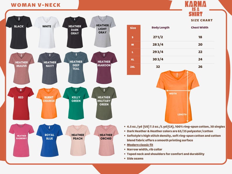 The image is a size chart for a woman's v-neck t-shirt, showing various color options and corresponding measurements.