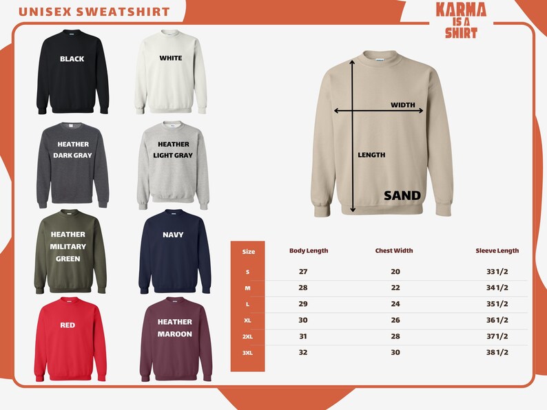 The image is a collage of various sweatshirt designs, each with different colors and sizes, along with their corresponding measurements.