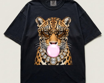 Trendy Leopard Comfort Colors® Shirt, Bubblegum Sunglasses Big Cat Graphic Unique Tshirt, Retro Animal Graphic Shirt, Fashion Cat Lover Gift