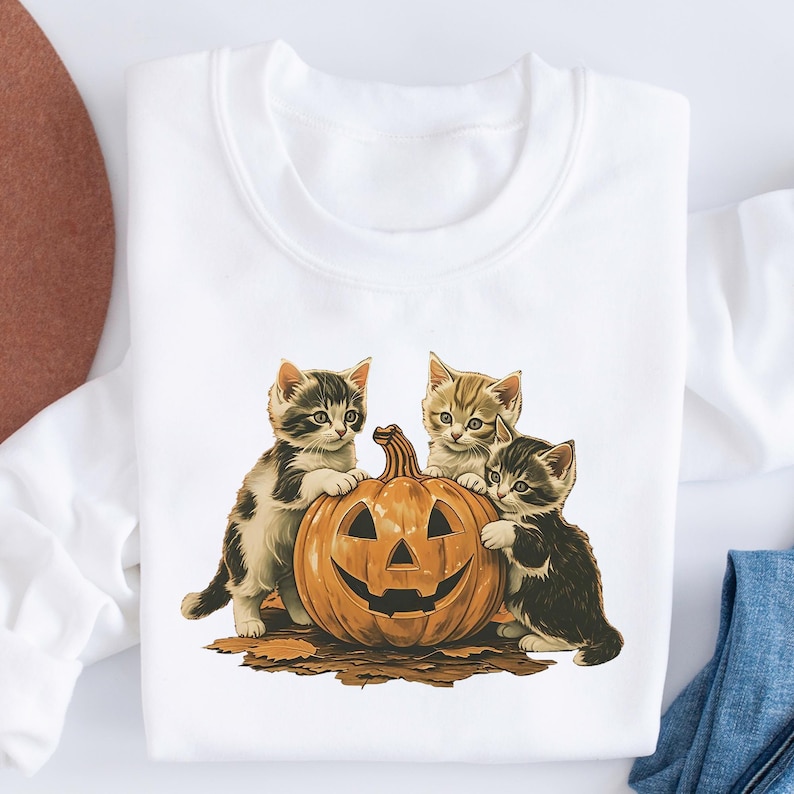 Vintage 90s Cat Halloween Sweatshirt, Retro Halloween Shirt, Spooky Season Tee, Pumpkin Shirts, Cat Lover T-shirts, Spooky Season, Black Cat image 3