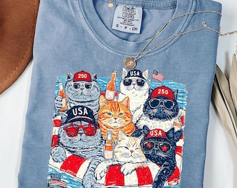 Patriotic Cat Shirt, Comfort Colors® Tee, 4th of July Cat Shirt, Funny Americana Cat Lover Tee,White Blue Summer Shirt, America 250th Shirts