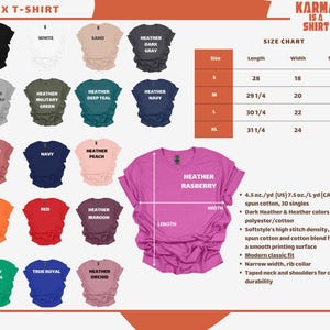 The image is a collection of various t-shirt designs in different colors and sizes, along with a size chart and a description of the t-shirt.