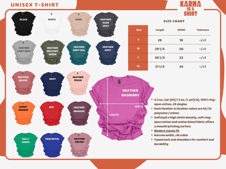 The image is a collection of various t-shirt designs in different colors and sizes, along with a size chart and a description of the t-shirt.