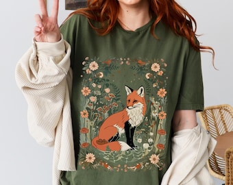 Cute Flower Fox Shirt, Vintage Floral Cottagecore Shirt, Wildflower Meadow, Woodland Lover Gift for Her, Forestcore T-Shirt, Fairycore Shirt