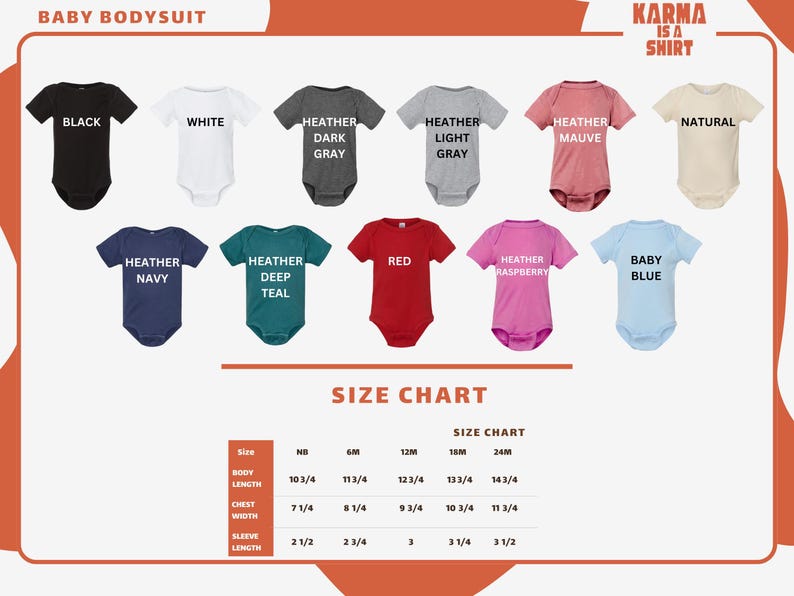 The image is a size chart for a baby bodysuit, displaying various color options and corresponding sizes.
