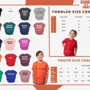 The image is a colorful chart that provides size charts for both toddler and youth shirts. It includes various colored shirts, such as black, white, gray, and orange, along with corresponding measurements for different age groups. The chart is designed to help parents and caregivers determine the appropriate size for their child based on their age and the shirt's color.