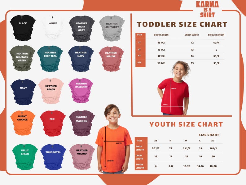 The image is a colorful chart that provides size charts for both toddler and youth shirts. It includes various colored shirts, such as black, white, gray, and orange, along with corresponding measurements for different age groups. The chart is designed to help parents and caregivers determine the appropriate size for their child based on their age and the shirt's color.