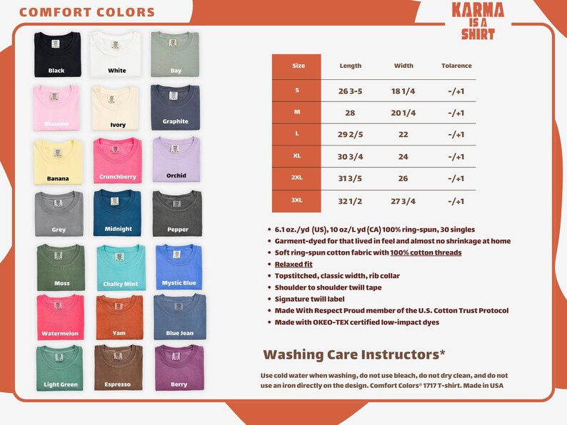 The image is a collage of various t-shirt designs in different colors and sizes, along with a section titled "Washing Care Instructors" that provides washing care instructions for the t-shirts.