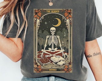 Comfort Colors® The Reader Tarot Card Shirt, Skeleton Reading Shirt, Unisex Tarot Card Shirt, Book Lover Gift, Tarot Lover Gift,Bookish Gift