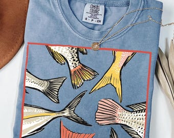Coastal Stripe Fish Tail Shirt, Summer Fishing Shirt, Comfort Colors Coastal Tee, Beach Holiday Gift, Nautical Graphic Tee,Tropical Fish Tee