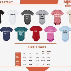 The image is a size chart for a baby bodysuit, displaying various color options and corresponding sizes.