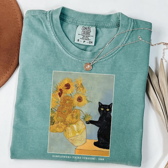 Comfort Colors® Van Gogh Cat Shirt, Van Gogh Irises Cat Tshirt, Black Cat T-shirt, Funny Cat Shirt, Ladies Shirts, Funny gift Idea, Cat Tees