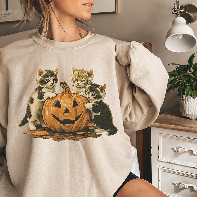 Vintage 90s Cat Halloween Sweatshirt, Retro Halloween Shirt, Spooky Season Tee, Pumpkin Shirts, Cat Lover T-shirts, Spooky Season, Black Cat image 2