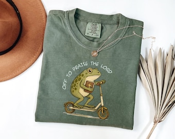 Comfort Colors® Christian T-Shirt, Unisex Garment-Dyed Tee, Funny Frog Off To Praise The Lord, Jesus Church Faith Humor, Bible Study Tshirts