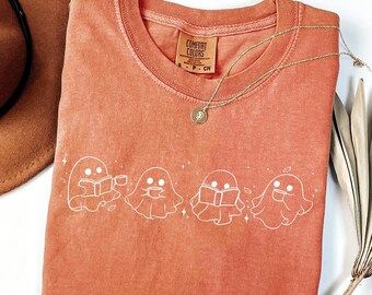 Comfort Colors® Cute Ghost Reading Books Shirt, Womens Halloween Shirt, Books Lover Halloween Shirt, Spooky Season, Bookish Halloween Shirts