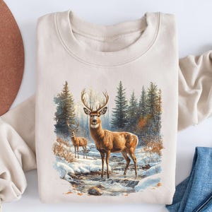 Retro Deer Wilderness Scene Sweatshirt, Nineties Vintage Buck And Doe Deer Outfit, Boho Unisex Crewneck Sweatshirt, Retro Animal Sweatshirts