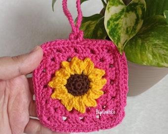 Sunflower Crochet, Airpods Case, Handmade Crochet Wallet, Pouches, Knitted,Bag Charm, Cute Gift,Keybag, Mini Bag, Pink, Headphone Case,Pouch