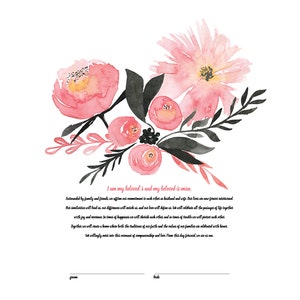 Printable Ketubah Marriage Certificate Pink Watercolor Flowers