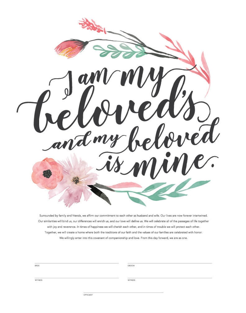 Printable Ketubah I am My Beloved's and My Beloved is Mine Marriage Certificate Watercolor Flowers image 1