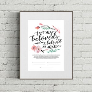 Printable Ketubah I am My Beloved's and My Beloved is Mine Marriage Certificate Watercolor Flowers image 2