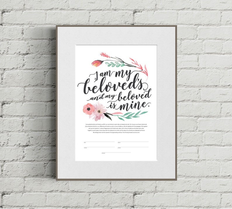 Printable Ketubah I am My Beloved's and My Beloved is Mine Marriage Certificate Watercolor Flowers image 2