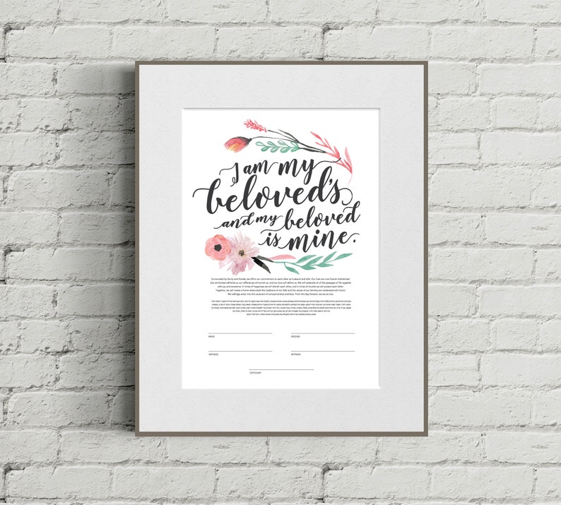 Printable Ketubah I am My Beloved's and My Beloved is Mine Marriage Certificate Watercolor Flowers image 4