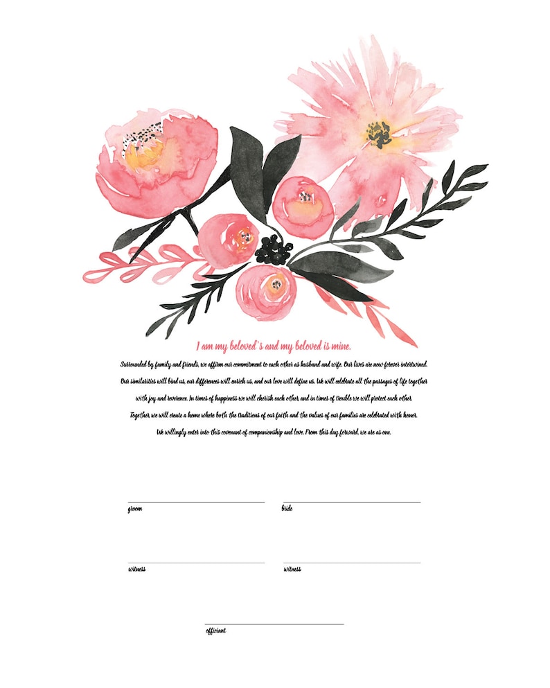 Printable Ketubah Marriage Certificate Pink Watercolor Flowers - Etsy