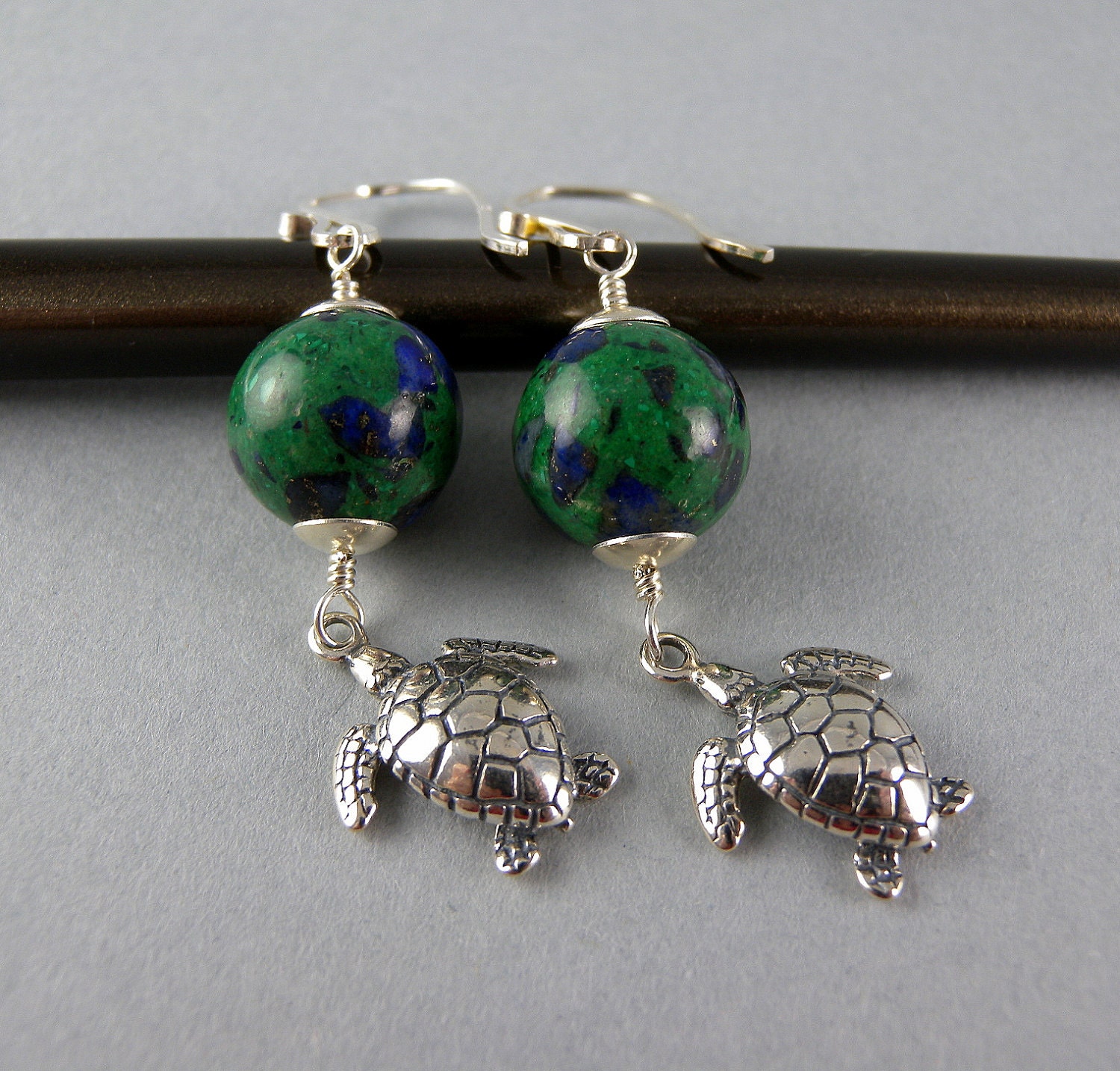 Green and Blue Sterling Silver Sea Turtle Earrings With Free - Etsy