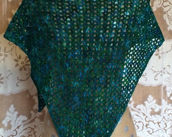 Crocheted Wool Blue Green Teal Triangle Scarf or Wrap or Shawl