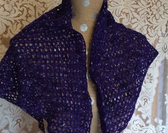 Crocheted Merino Wool Purple Triangle Scarf or Wrap or Shawl