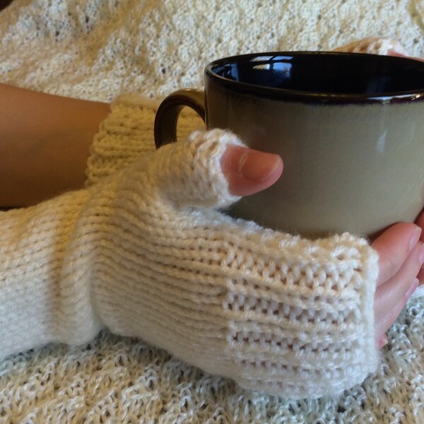 Handknitted Fingerless Gloves Wristwarmers Handwarmers - Ivory -  Size M/L  (womens)