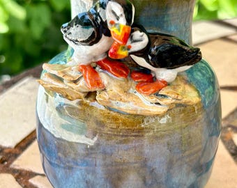 Snuggly Puffins Ceramic Vase