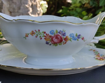 Saucière en porcelaine  avec plat Seltmann Weiden  festonnée Motif floral coloré - Ancien - vaisselle vintage -  crémaillère