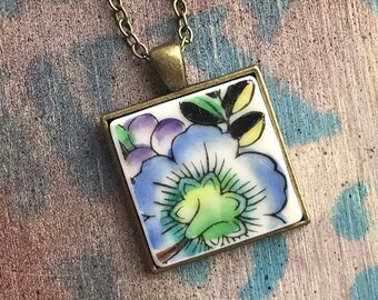 Broken Dishware Necklace, Multicolor Floral Square