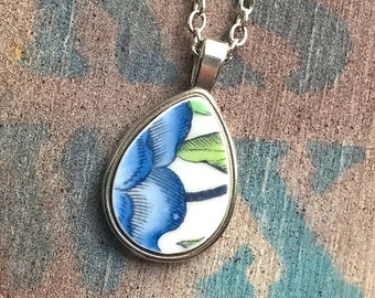 Broken Dishware Necklace, Blue Floral