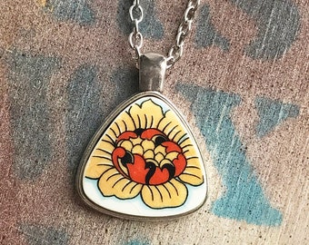 Broken Dishware Necklace, Yellow and Orange Flower