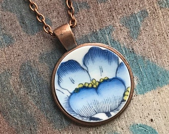 Broken Dishware Necklace, Blue Flower