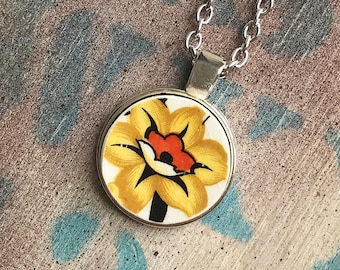 Broken Dishware Necklace, Yellow and Orange Flower