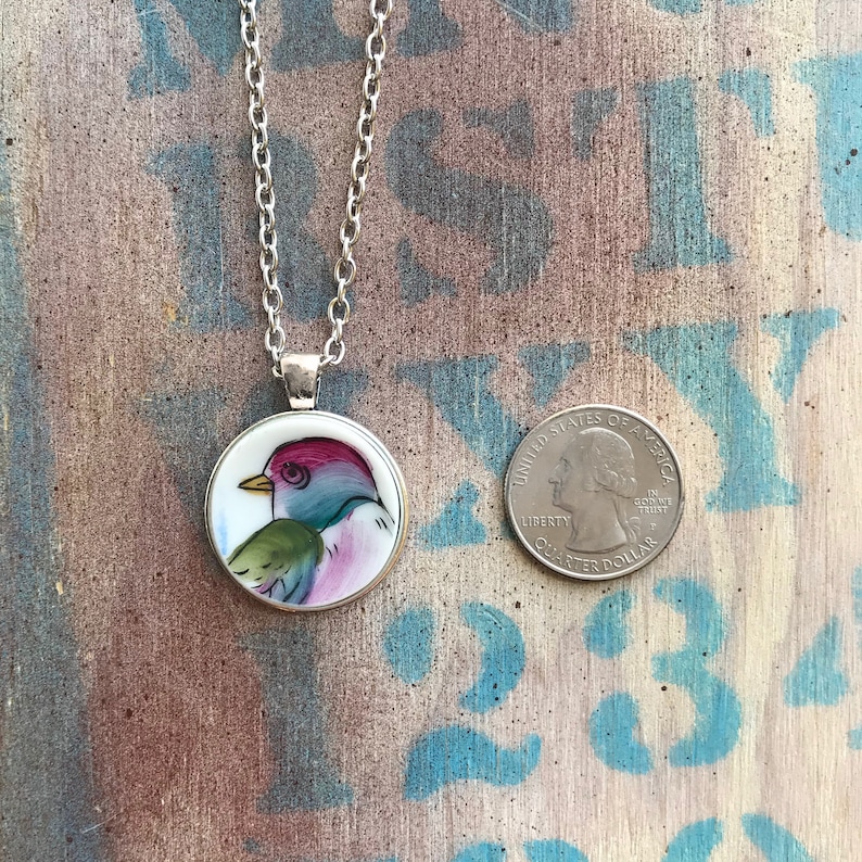 Multicolor Bird Broken Dishware Necklace