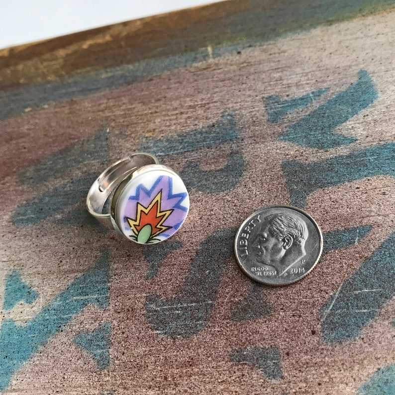 Broken Dishware Ring Purple Flower