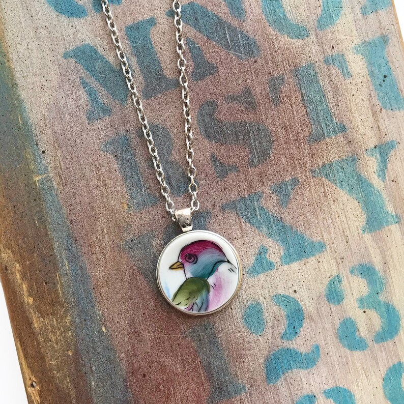 Multicolor Bird Broken Dishware Necklace