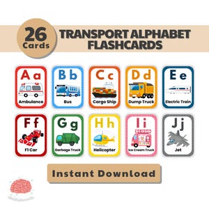 Transport Alphabet Flashcards | A-Z Educational Cards for Kids | Preschool & Toddler Learning | Printable ABC Flash Cards | Montessori Cards